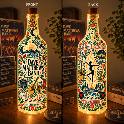Dave Matthews Band Nordic Folk Art Bottle Lamp – DMB Double-Sided LED Light, Scandinavian Floral Music Decor, Unique Gift for Fans