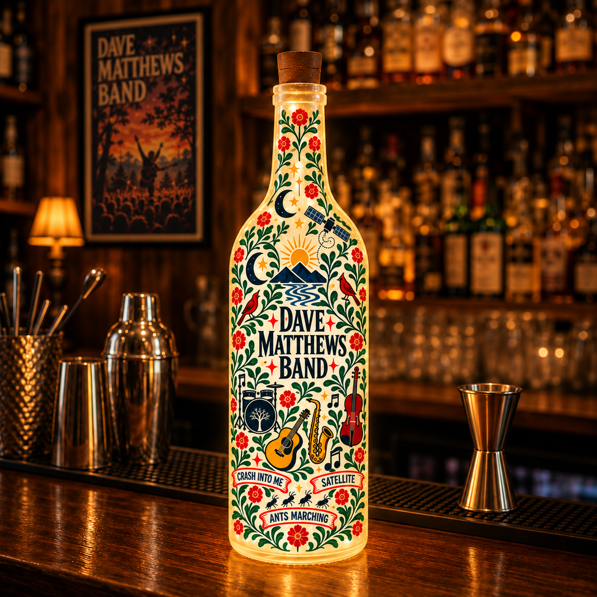 Dave Matthews Band Nordic Folk Art Bottle Lamp – DMB Double-Sided LED Light, Scandinavian Floral Music Decor, Unique Gift for Fans