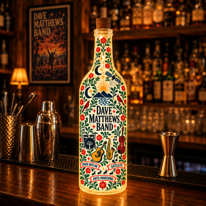 Dave Matthews Band Nordic Folk Art Bottle Lamp – DMB Double-Sided LED Light, Scandinavian Floral Music Decor, Unique Gift for Fans