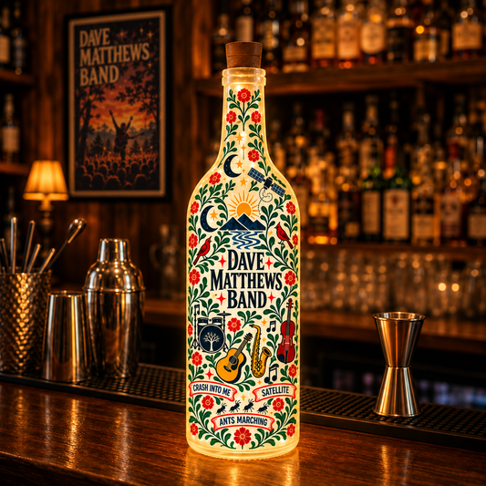 Dave Matthews Band Nordic Folk Art Bottle Lamp – DMB Double-Sided LED Light, Scandinavian Floral Music Decor, Unique Gift for Fans