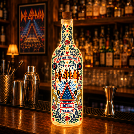 Def Leppard Nordic Folk Art Bottle Lamp – Hysteria Rock Band LED Light, Scandinavian Floral Home Decor, Vintage 80s Music Gift for Fans
