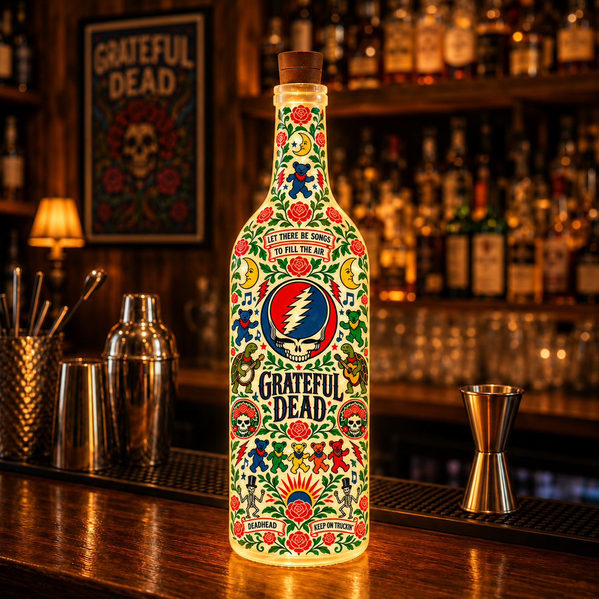 Grateful Dead Nordic Folk Art Bottle Lamp – Steal Your Face Skull, Dancing Bears LED Light, Scandinavian Floral Home Decor, Unique Deadhead Gift