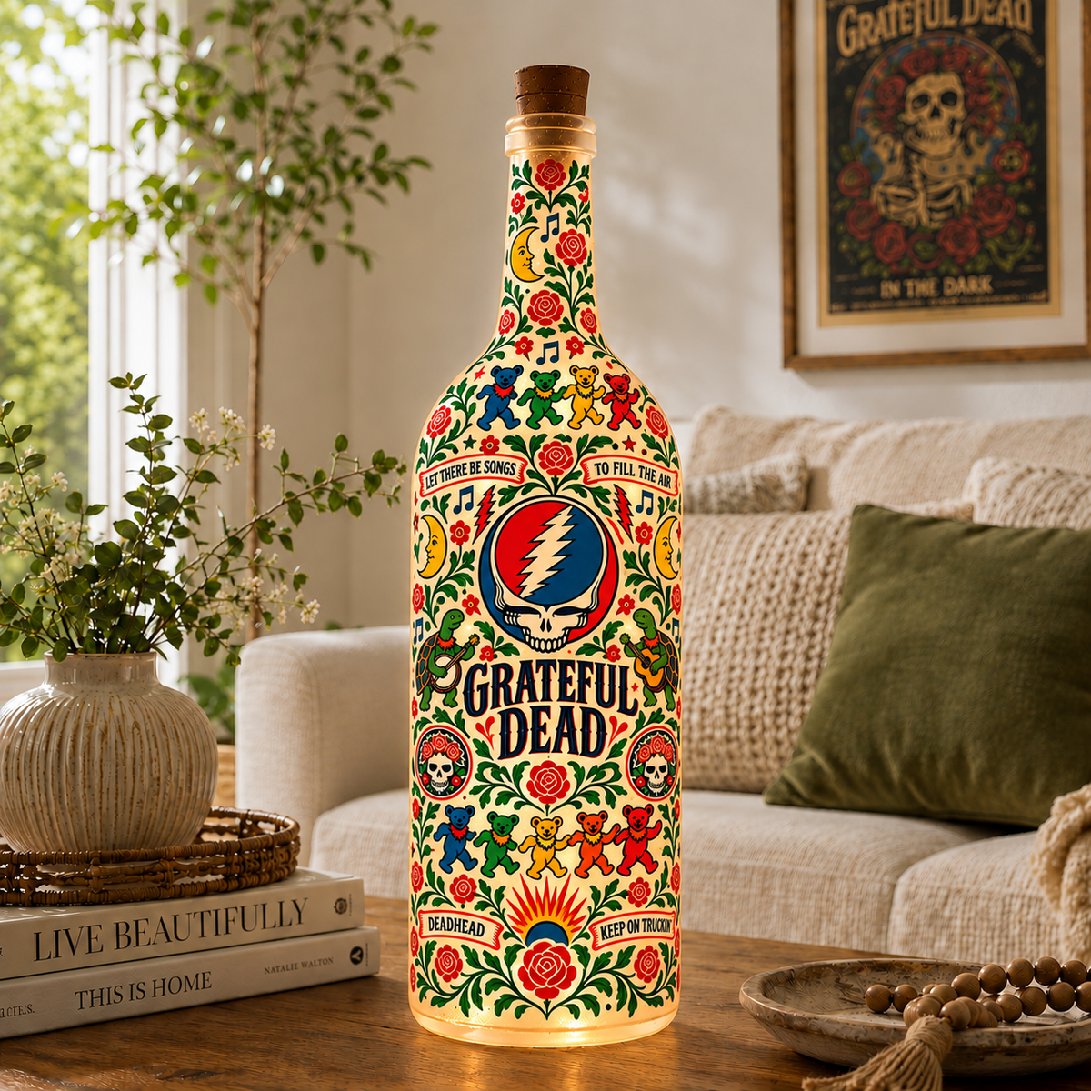 Grateful Dead Nordic Folk Art Bottle Lamp – Steal Your Face Skull, Dancing Bears LED Light, Scandinavian Floral Home Decor, Unique Deadhead Gift