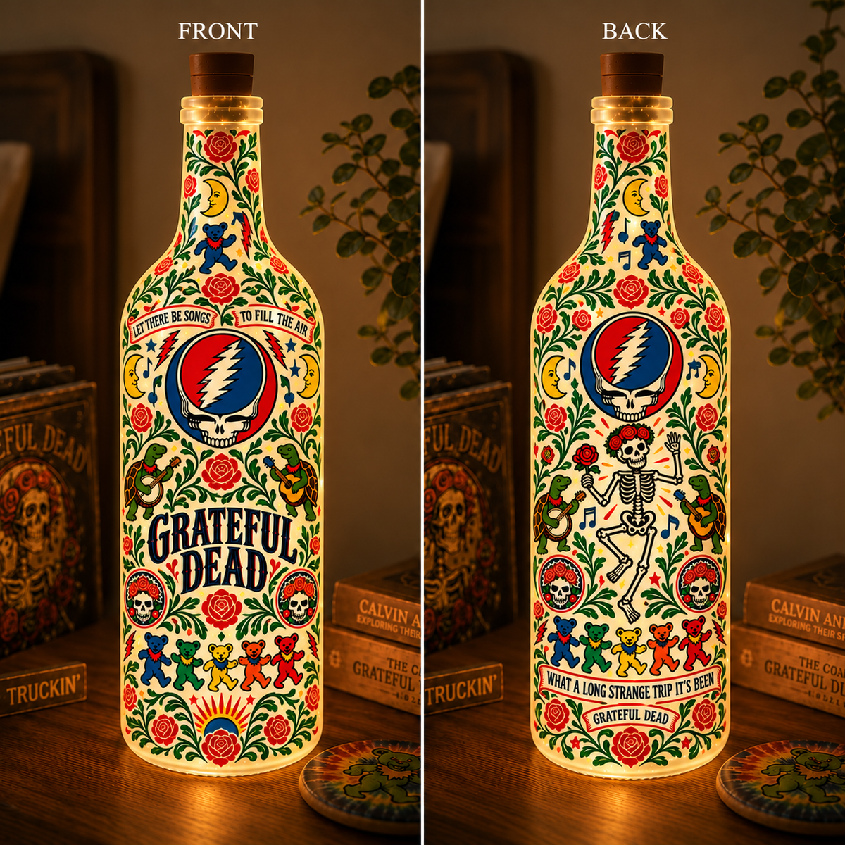Grateful Dead Nordic Folk Art Bottle Lamp – Steal Your Face Skull, Dancing Bears LED Light, Scandinavian Floral Home Decor, Unique Deadhead Gift