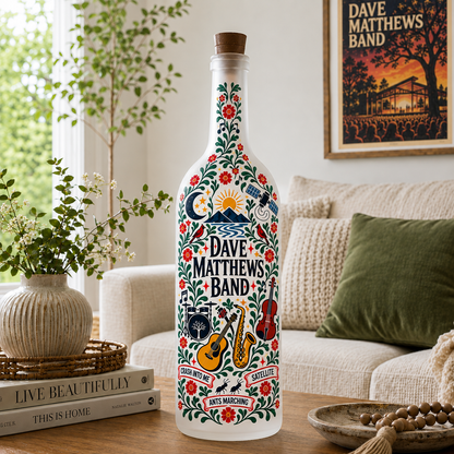 Dave Matthews Band Nordic Folk Art Bottle Lamp – DMB Double-Sided LED Light, Scandinavian Floral Music Decor, Unique Gift for Fans