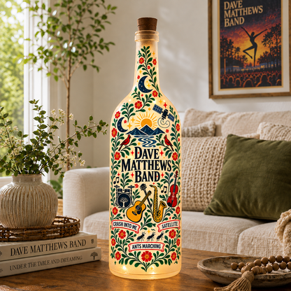 Dave Matthews Band Nordic Folk Art Bottle Lamp – DMB Double-Sided LED Light, Scandinavian Floral Music Decor, Unique Gift for Fans