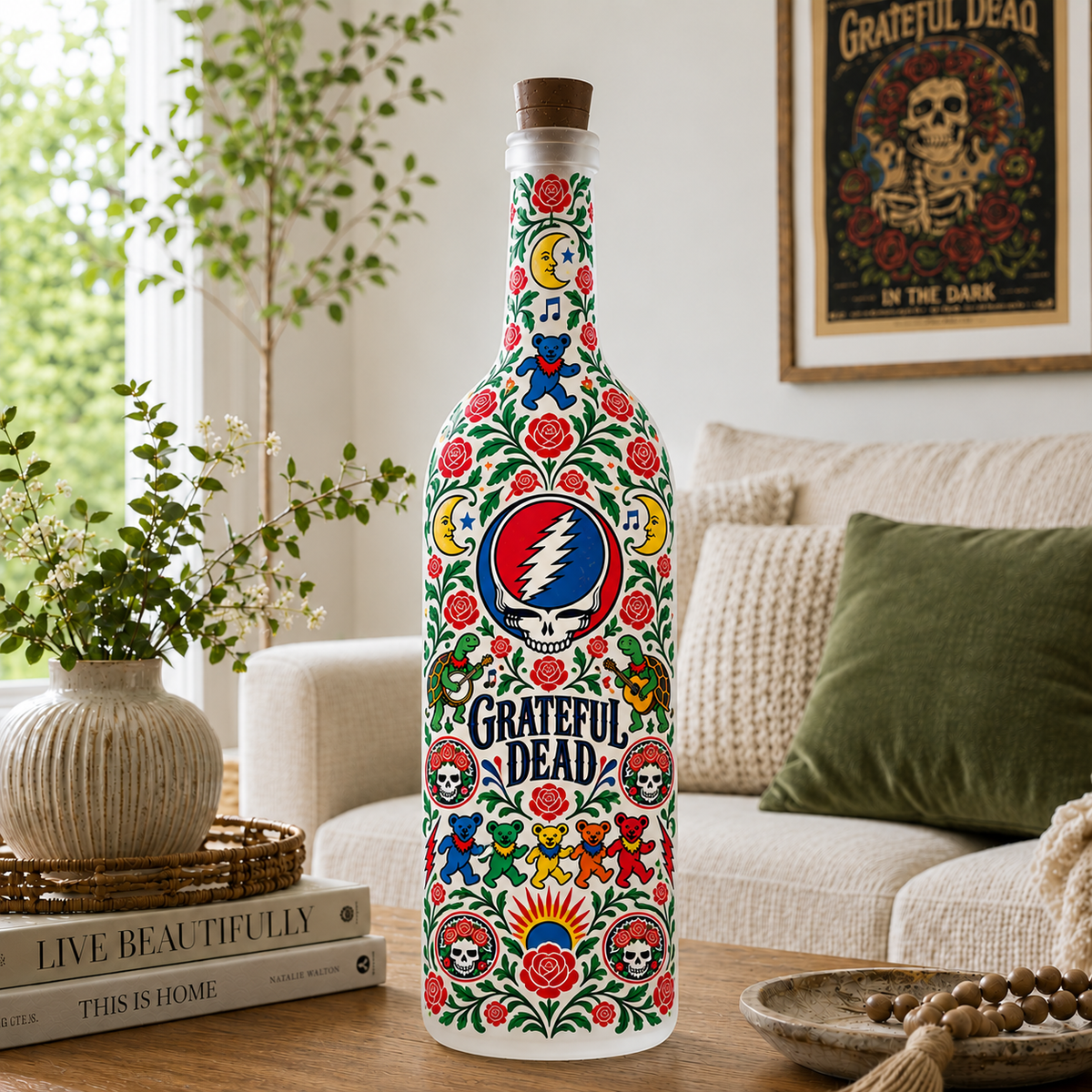 Grateful Dead Nordic Folk Art Bottle Lamp – Steal Your Face Skull, Dancing Bears LED Light, Scandinavian Floral Home Decor, Unique Deadhead Gift