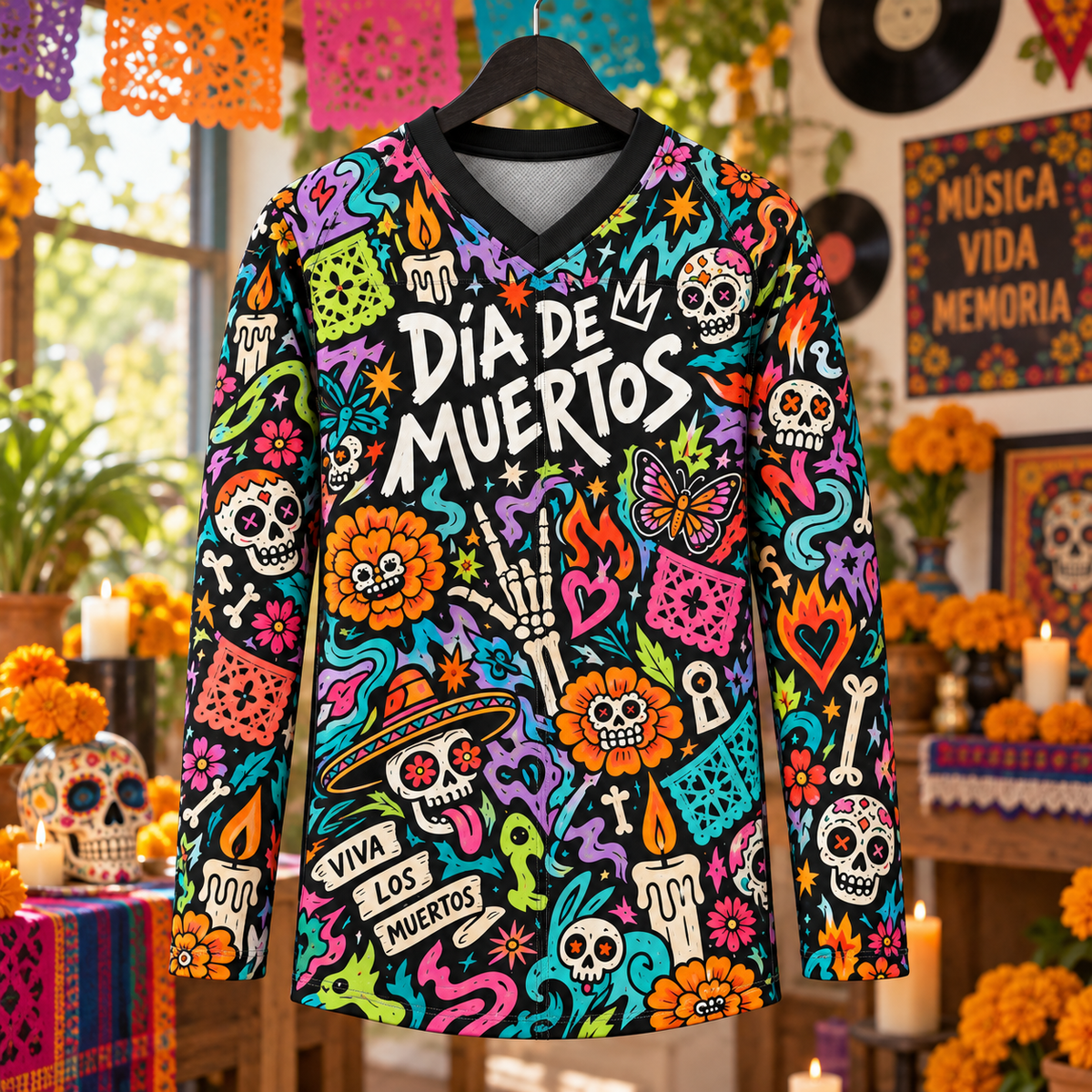 Día de los Muertos Long Sleeve Jersey – Colorful Sugar Skull Shirt, Mexican Folk Art Graphic Jersey, Day of the Dead Festival Gift
