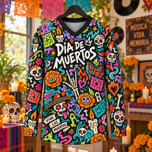 Día de los Muertos Long Sleeve Jersey – Colorful Sugar Skull Shirt, Mexican Folk Art Graphic Jersey, Day of the Dead Festival Gift