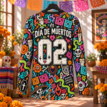 Día de los Muertos Long Sleeve Jersey – Colorful Sugar Skull Shirt, Mexican Folk Art Graphic Jersey, Day of the Dead Festival Gift