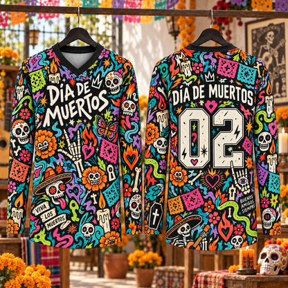 Día de los Muertos Long Sleeve Jersey – Colorful Sugar Skull Shirt, Mexican Folk Art Graphic Jersey, Day of the Dead Festival Gift