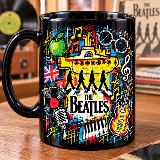 The Beatles Black Ceramic Coffee Mug - Abbey Road & Yellow Submarine Graffiti Art Cup - Classic Rock Band Merch Fan Gift