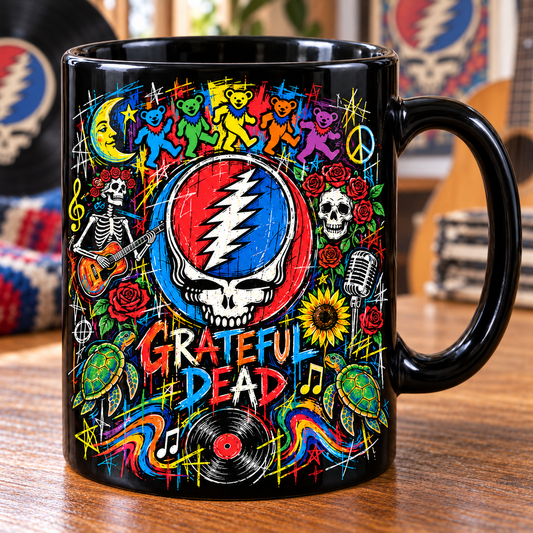 Grateful Dead Black Ceramic Coffee Mug - Steal Your Face & Dancing Bears Art Cup - Psychedelic Rock Band Merch Fan Gift