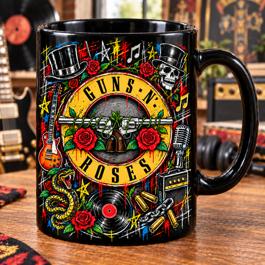 Guns N' Roses Black Ceramic Coffee Mug - Classic Guns & Roses Logo Hits Graffiti Art Cup - Hard Rock Band Merch Fan Gift