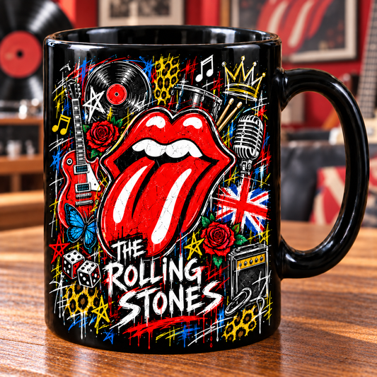 The Rolling Stones Black Ceramic Coffee Mug - Tongue Logo & Hits Graffiti Art Cup - Classic Rock Band Merch Fan Gift