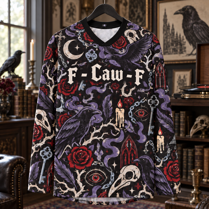 Gothic Raven Long Sleeve Jersey – Dark Academia Crow Shirt, Skull Rose Moon Graphic Top, Witchy Gothic Fashion Gift