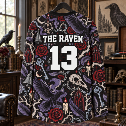 Gothic Raven Long Sleeve Jersey – Dark Academia Crow Shirt, Skull Rose Moon Graphic Top, Witchy Gothic Fashion Gift