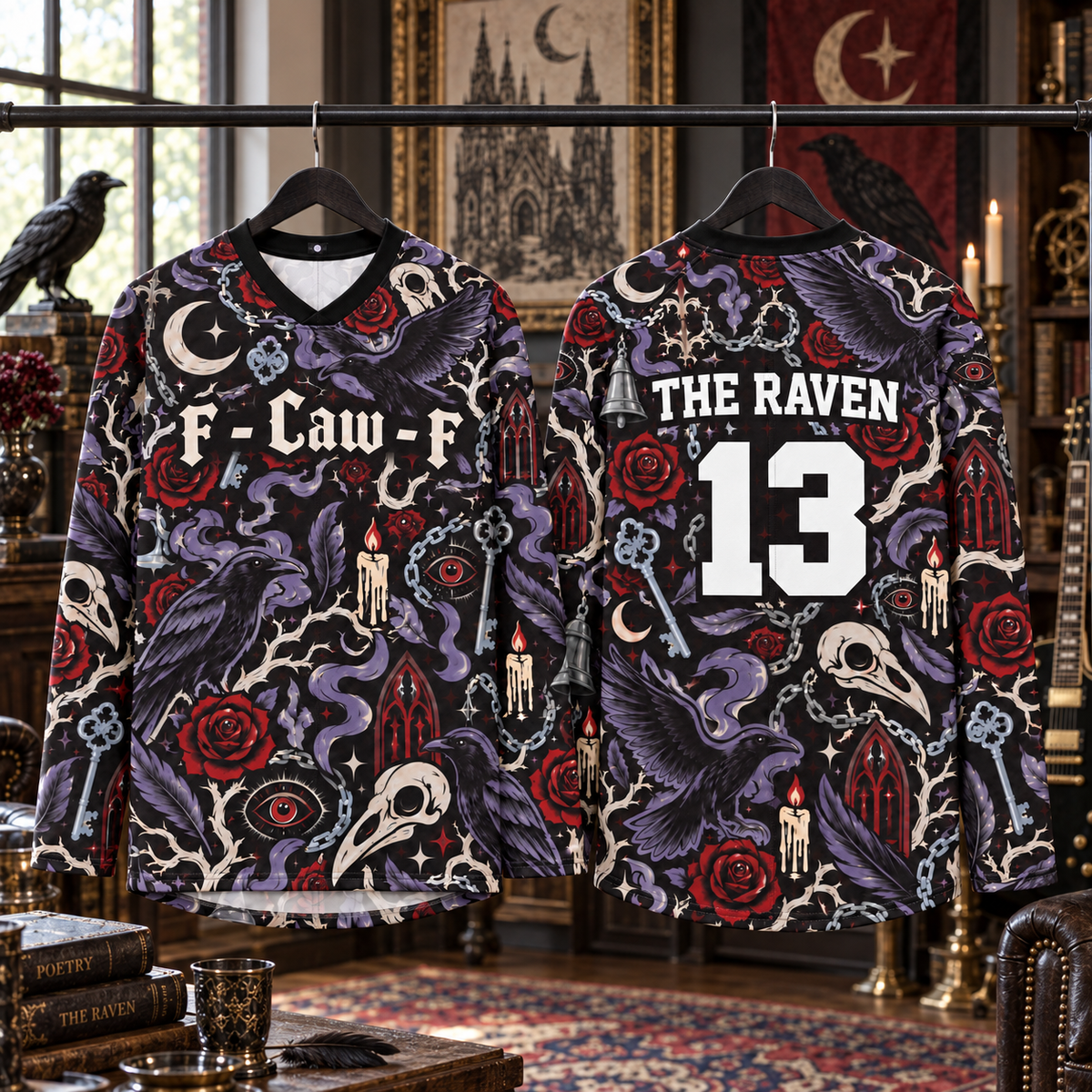 Gothic Raven Long Sleeve Jersey – Dark Academia Crow Shirt, Skull Rose Moon Graphic Top, Witchy Gothic Fashion Gift