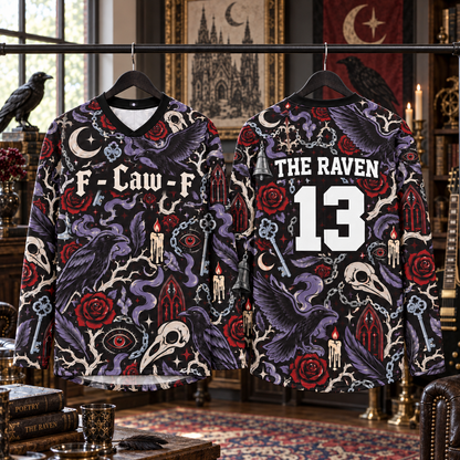 Gothic Raven Long Sleeve Jersey – Dark Academia Crow Shirt, Skull Rose Moon Graphic Top, Witchy Gothic Fashion Gift