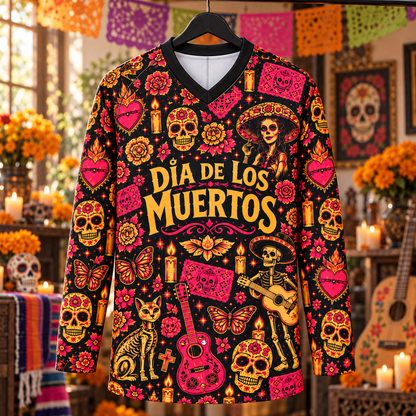 Día de los Muertos Long Sleeve Jersey – Catrina Sugar Skull Floral Shirt, Mexican Folk Art Skeleton Guitar Jersey, Festival Gift