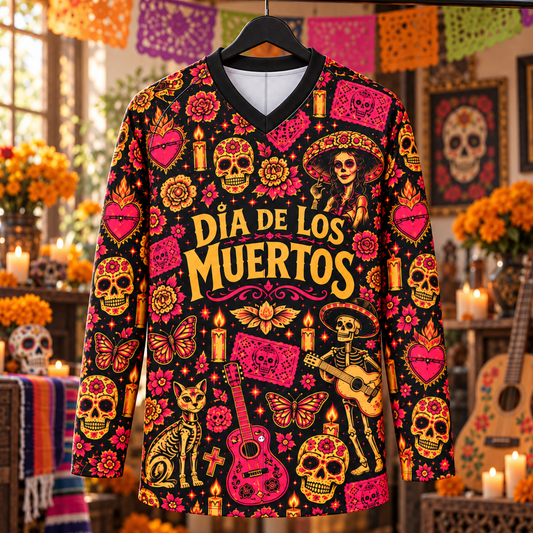 Día de los Muertos Long Sleeve Jersey – Catrina Sugar Skull Floral Shirt, Mexican Folk Art Skeleton Guitar Jersey, Festival Gift