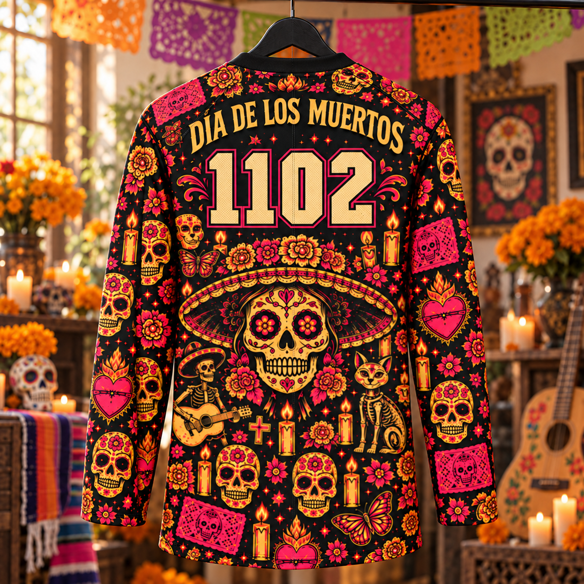 Día de los Muertos Long Sleeve Jersey – Catrina Sugar Skull Floral Shirt, Mexican Folk Art Skeleton Guitar Jersey, Festival Gift
