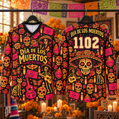 Día de los Muertos Long Sleeve Jersey – Catrina Sugar Skull Floral Shirt, Mexican Folk Art Skeleton Guitar Jersey, Festival Gift