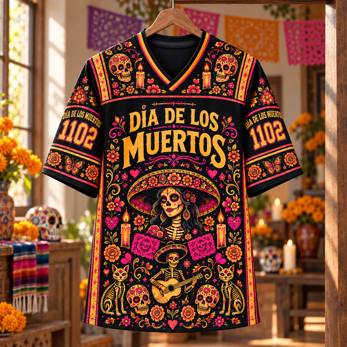 Dia de los Muertos Jersey – Day of the Dead Sugar Skull Shirt, Mexican Floral Skeleton Jersey, Colorful Festival Gift