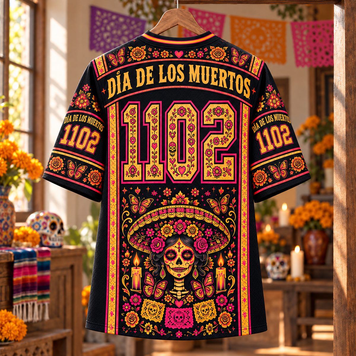 Dia de los Muertos Jersey – Day of the Dead Sugar Skull Shirt, Mexican Floral Skeleton Jersey, Colorful Festival Gift