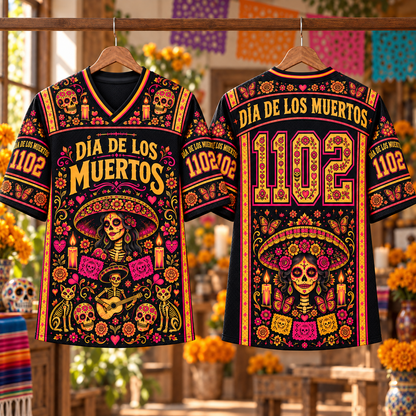 Dia de los Muertos Jersey – Day of the Dead Sugar Skull Shirt, Mexican Floral Skeleton Jersey, Colorful Festival Gift
