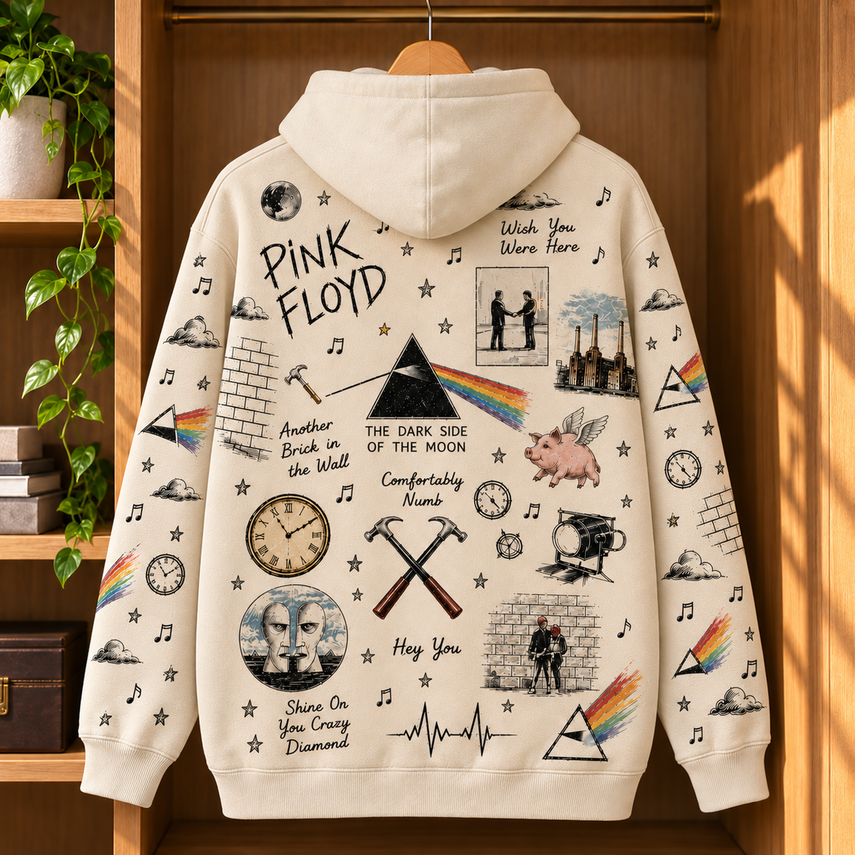 Pink Floyd Vintage Collage Hoodie – Dark Side of the Moon, The Wall & Wish You Were Here Rock Pullover