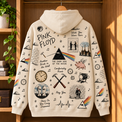 Pink Floyd Vintage Collage Hoodie – Dark Side of the Moon, The Wall & Wish You Were Here Rock Pullover