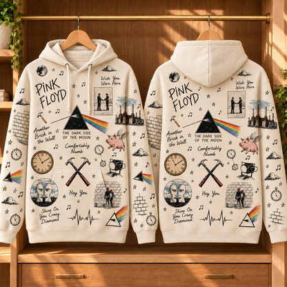 Pink Floyd Vintage Collage Hoodie – Dark Side of the Moon, The Wall & Wish You Were Here Rock Pullover