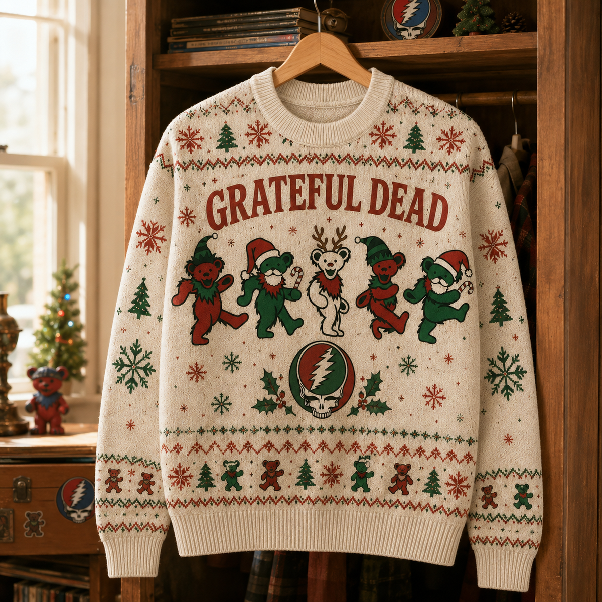 Festive Grateful Dead Ugly Xmas Sweater – Steal Your Face Knit, Festive Dancing Bears
