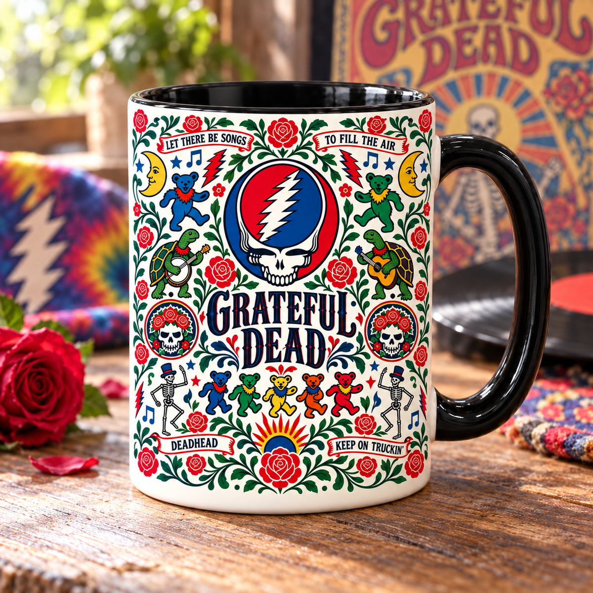 Grateful Dead Nordic Folk Mug – Steal Your Face & Dancing Bears Coffee Mug, Folk Art Deadhead Gift
