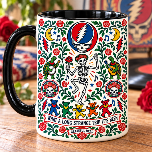 Grateful Dead Nordic Folk Mug – Steal Your Face & Dancing Bears Coffee Mug, Folk Art Deadhead Gift
