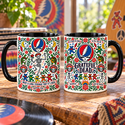 Grateful Dead Nordic Folk Mug – Steal Your Face & Dancing Bears Coffee Mug, Folk Art Deadhead Gift