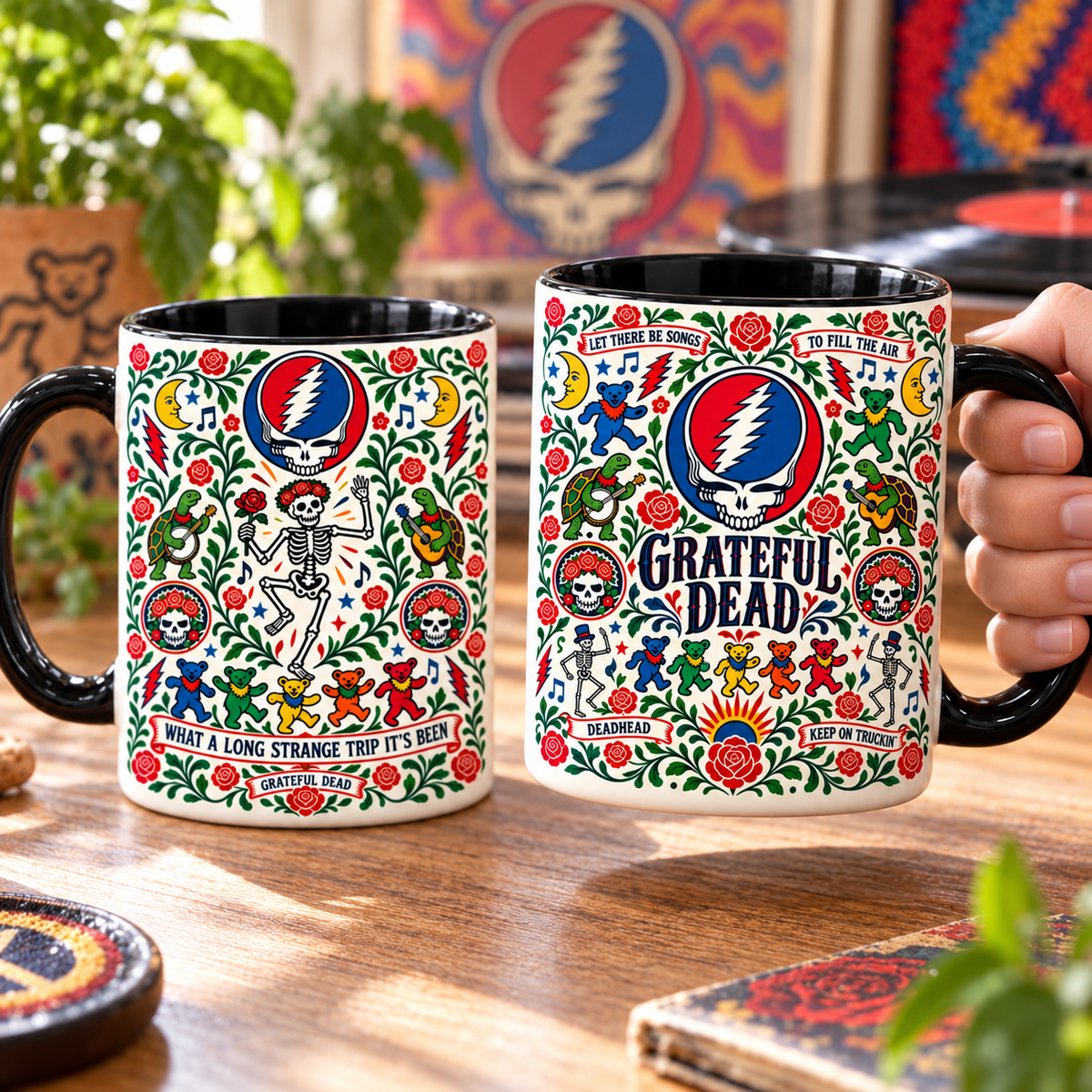 Grateful Dead Nordic Folk Mug – Steal Your Face & Dancing Bears Coffee Mug, Folk Art Deadhead Gift