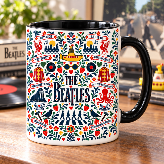 The Beatles Nordic Folk Mug – Abbey Road & Yellow Submarine Coffee Mug, Scandinavian Folk Art Music Cup, Beatles Fan Gift