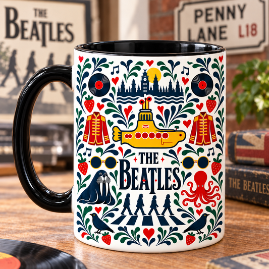 The Beatles Nordic Folk Mug – Abbey Road & Yellow Submarine Coffee Mug, Scandinavian Folk Art Music Cup, Beatles Fan Gift