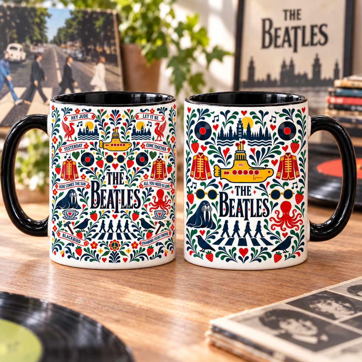 The Beatles Nordic Folk Mug – Abbey Road & Yellow Submarine Coffee Mug, Scandinavian Folk Art Music Cup, Beatles Fan Gift