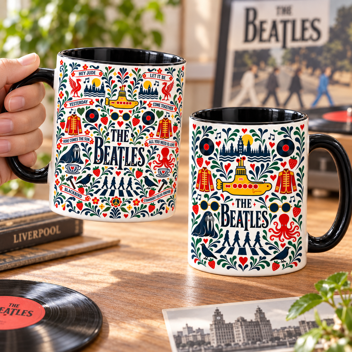 The Beatles Nordic Folk Mug – Abbey Road & Yellow Submarine Coffee Mug, Scandinavian Folk Art Music Cup, Beatles Fan Gift