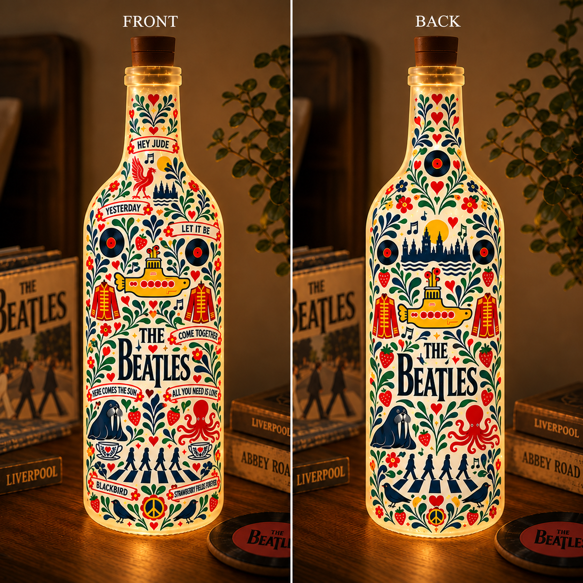 The Beatles Nordic Folk Art Bottle Lamp – Yellow Submarine & Abbey Road LED Light, Scandinavian Floral Home Decor, Unique Gift for Beatles Fans