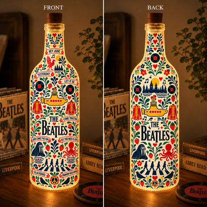 The Beatles Nordic Folk Art Bottle Lamp – Yellow Submarine & Abbey Road LED Light, Scandinavian Floral Home Decor, Unique Gift for Beatles Fans