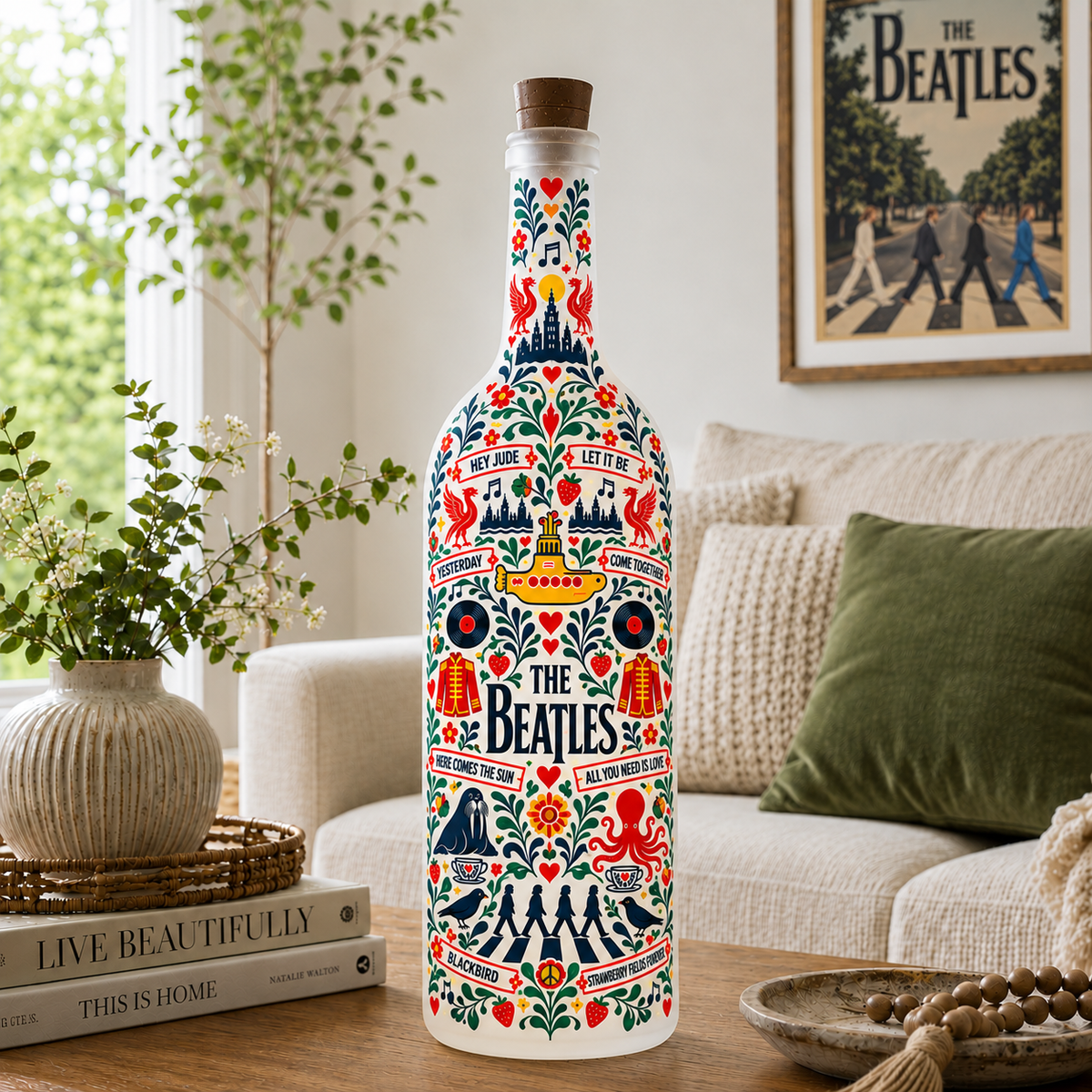 The Beatles Nordic Folk Art Bottle Lamp – Yellow Submarine & Abbey Road LED Light, Scandinavian Floral Home Decor, Unique Gift for Beatles Fans