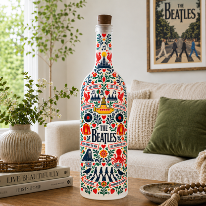 The Beatles Nordic Folk Art Bottle Lamp – Yellow Submarine & Abbey Road LED Light, Scandinavian Floral Home Decor, Unique Gift for Beatles Fans