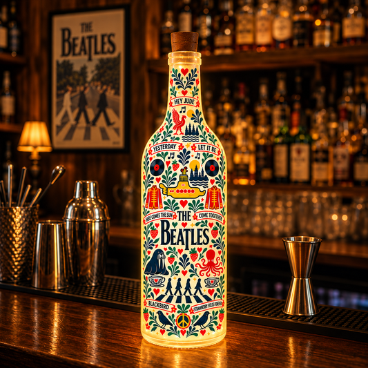 The Beatles Nordic Folk Art Bottle Lamp – Yellow Submarine & Abbey Road LED Light, Scandinavian Floral Home Decor, Unique Gift for Beatles Fans