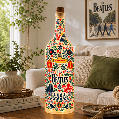 The Beatles Nordic Folk Art Bottle Lamp – Yellow Submarine & Abbey Road LED Light, Scandinavian Floral Home Decor, Unique Gift for Beatles Fans