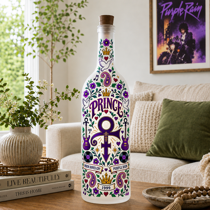 Prince Nordic Folk Art Bottle Lamp – Purple Rain Love Symbol Double-Sided LED Light, Scandinavian Floral Home Decor, Unique Gift for Prince Fans