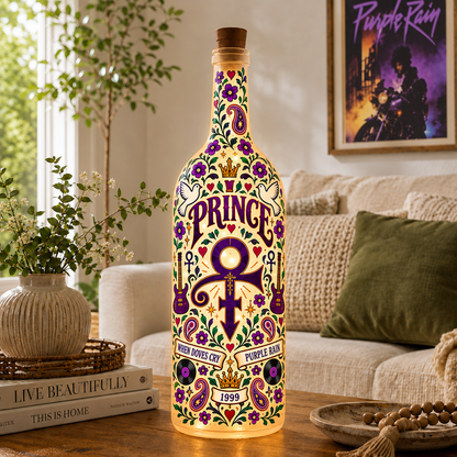 Prince Nordic Folk Art Bottle Lamp – Purple Rain Love Symbol Double-Sided LED Light, Scandinavian Floral Home Decor, Unique Gift for Prince Fans